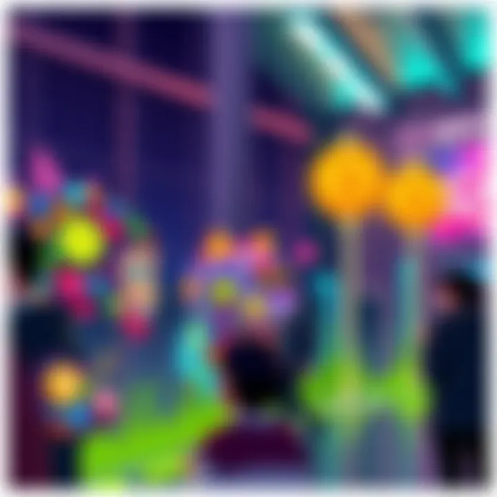 Colorful digital art pieces representing NFTs on the Solana blockchain with people discussing them