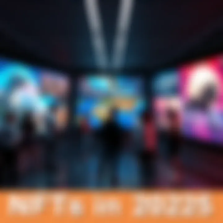 A visual representation of various NFT artworks displayed on digital screens, showcasing their value and relevance in 2025, with people engaging in discussion about them.