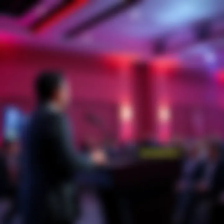 Nicolas Kokkalis stands at a podium during the Consensus event, addressing an audience with panelists in the background. The atmosphere appears formal but lacks engagement.
