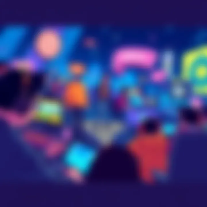 A vibrant illustration showing people enjoying various games on a digital platform without fees, featuring colorful graphics and engaging interfaces.