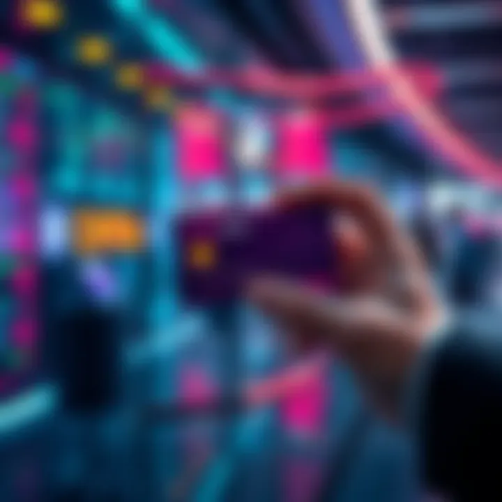 A person holding a sleek no KYC crypto card, displaying a digital design, in a modern setting with financial symbols in the background.
