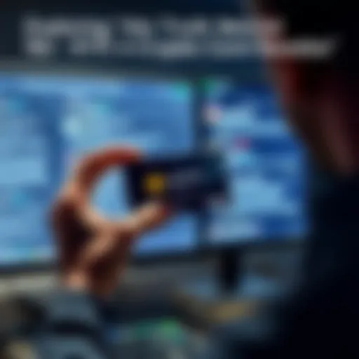 A person holds a no KYC crypto card while looking at a computer screen showing online forums discussing its legitimacy.
