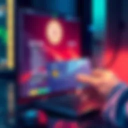 Illustration of a virtual debit card being used for online cryptocurrency payments with a computer screen