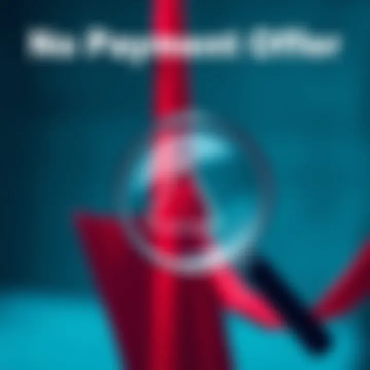 A magnifying glass over a red flag symbolizing warning signs of scams in no payment offers.