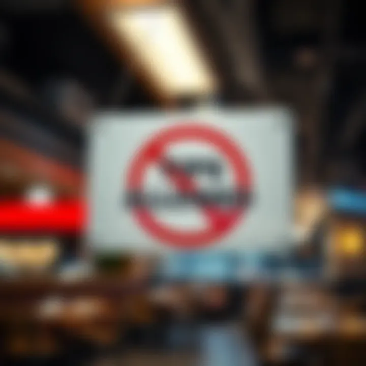 A clear sign stating 'No Tips Allowed' hanging in a professional setting, symbolizing the academy's rules on tipping.