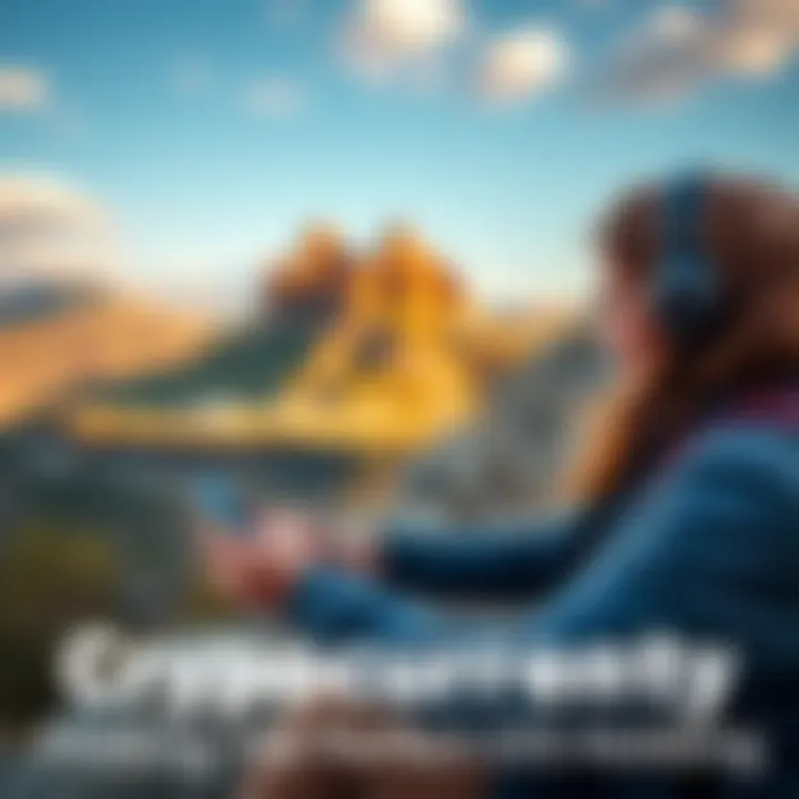 Nomadic Life with Cryptocurrency A traveler using a smartphone to manage cryptocurrency wallet in a scenic outdoor setting