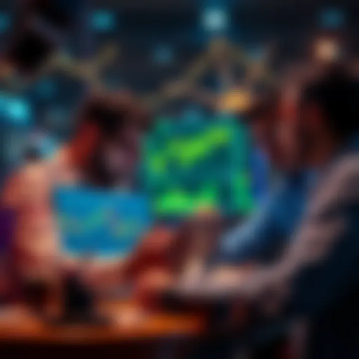 People discussing non-KYC Bitcoin trading options at a laptop with cryptocurrency charts showing