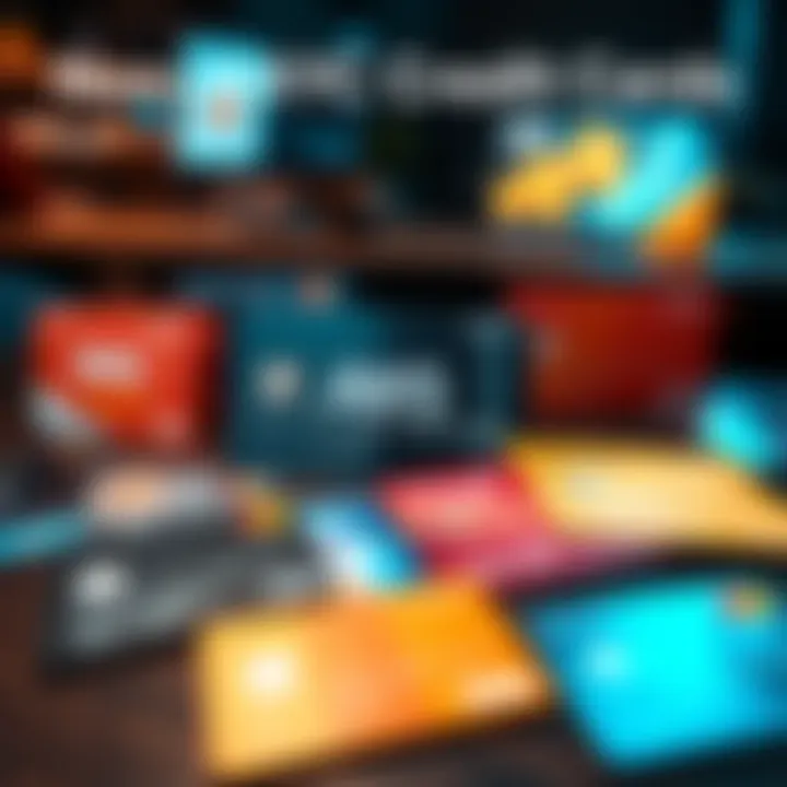 A display of various non-KYC credit and debit cards arranged on a table, showcasing their designs and features related to AWS compatibility.