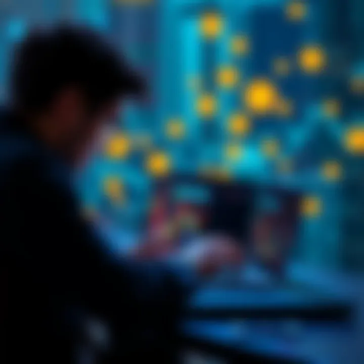 A person using a laptop to explore non-KYC wallets and exchanges for cryptocurrency, with digital currency symbols in the background.