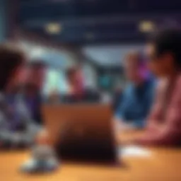 A group of non-technical individuals gathered around a laptop, discussing how to implement covenants on a testnet. They look confused but engaged, with notes and coffee cups on the table.