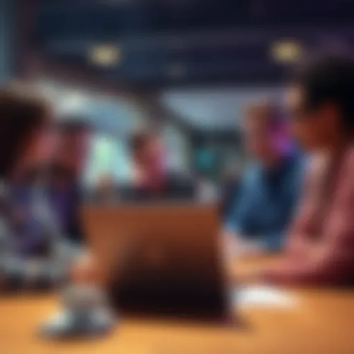 A group of non-technical individuals gathered around a laptop, discussing how to implement covenants on a testnet. They look confused but engaged, with notes and coffee cups on the table.