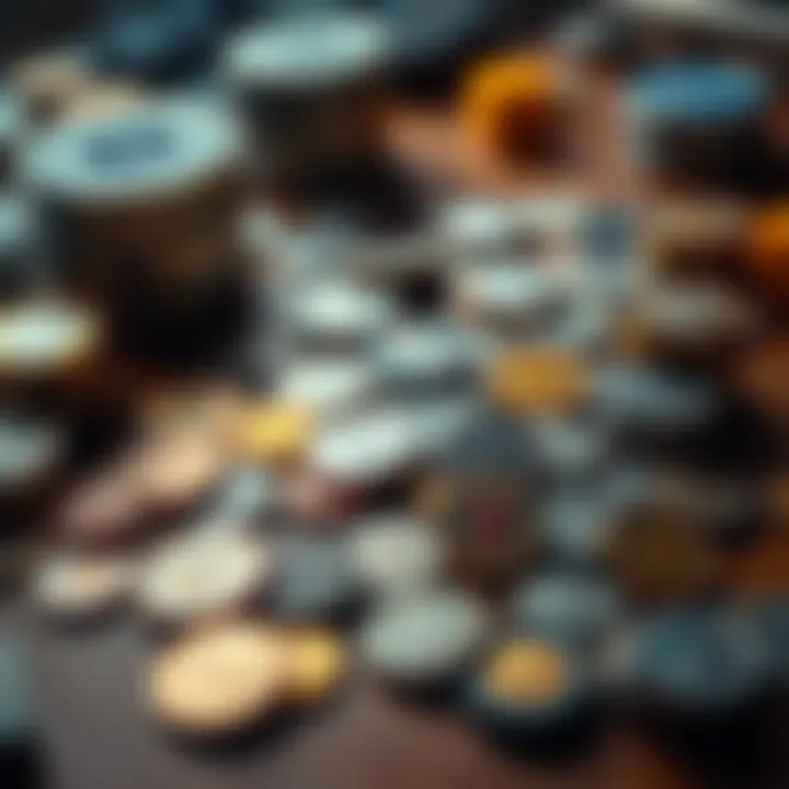 A display of various non-bullion coins arranged on a wooden table, showcasing different designs and colors.