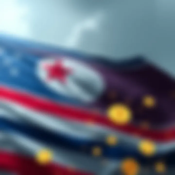 North Korean flag with digital currency symbols, representing a threat over crypto hacking allegations against the US