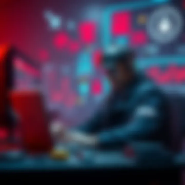 A North Korean operative monitoring compliance calls with a laptop, surrounded by digital currency symbols and security software graphics.