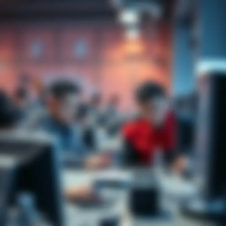 North Korean workers in cryptocurrency A group of North Korean individuals working with computers, focused on cryptocurrency tasks, in an office setting.