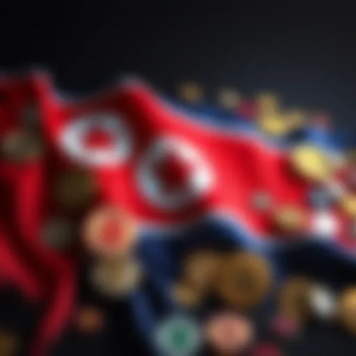 North Korean flag surrounded by various cryptocurrency icons representing the recent crypto heist and military funding.