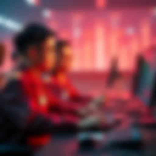 North Korean IT workers at computers, analyzing financial data and cybersecurity trends.