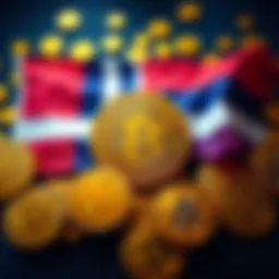 A Norwegian flag surrounded by Bitcoin symbols, representing Norway's investment in Bitcoin through its sovereign wealth fund.