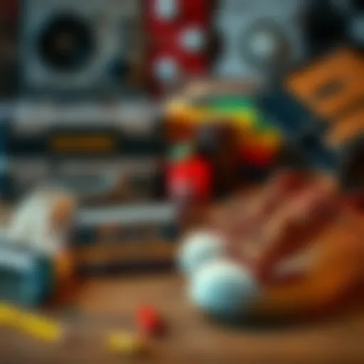 A collection of vintage items representing the concept of 'Old School', including a cassette tape, vinyl record, and classic sneakers on a wooden table