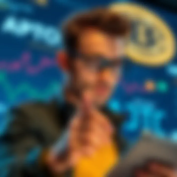 A beginner investor looking at options for investing in cryptocurrencies like Aptos and TAO, with images of DOGE and BTC in the background.