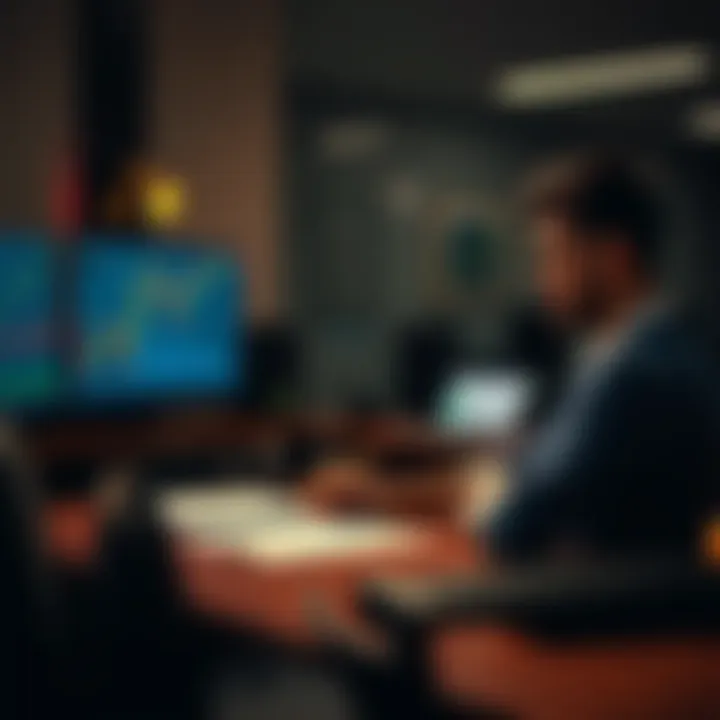 A person sitting at a desk with charts and a laptop, looking determined and taking notes while seeking guidance on futures trading.