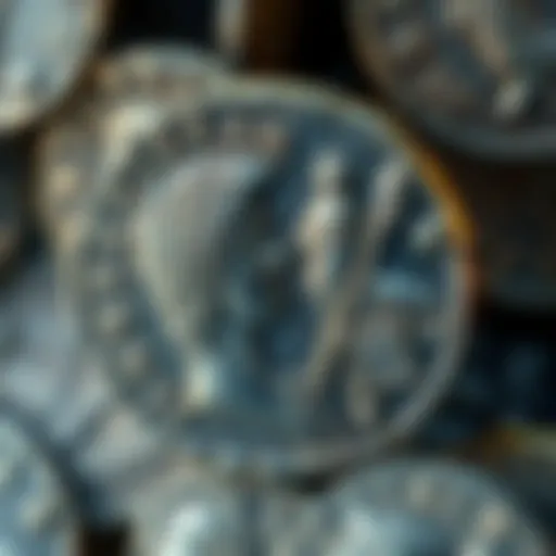 A close-up view of a nummus and Trajan denarius, showcasing their detailed designs and shiny surfaces, on display for collectors.