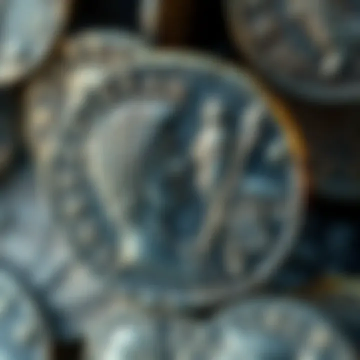 Nummus and Trajan Denarius Collection A close-up view of a nummus and Trajan denarius, showcasing their detailed designs and shiny surfaces, on display for collectors.