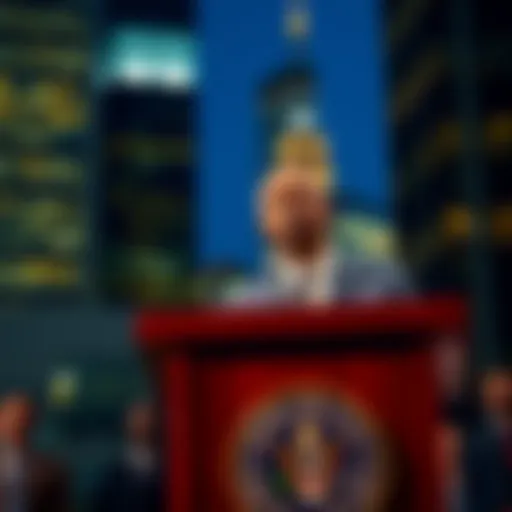 Mayor Eric Adams speaks at a podium announcing the formation of a crypto advisory council in New York City
