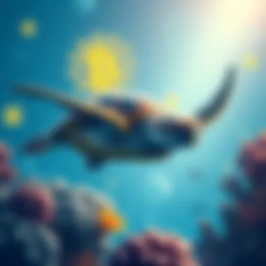 Ocean Conservation with Blockchain Illustration of a sea turtle swimming near coral reefs with blockchain symbols in the background, representing OceanSave's mission for ocean conservation.