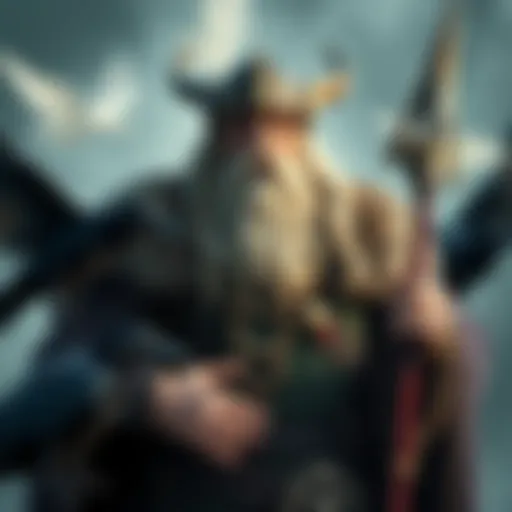 A depiction of Odin, the Norse god, with a long beard, wearing a cloak and a helmet, holding a spear, surrounded by ravens and symbols of wisdom.