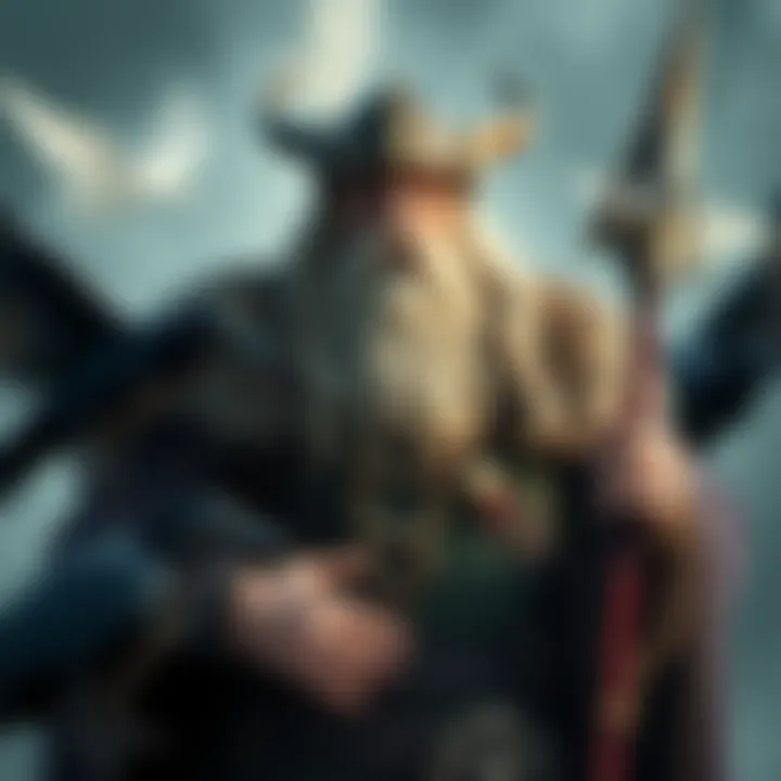A depiction of Odin, the Norse god, with a long beard, wearing a cloak and a helmet, holding a spear, surrounded by ravens and symbols of wisdom.