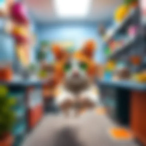 A playful cat navigating through a colorful office environment, surrounded by office supplies and furniture, aiming to complete missions and unlock new areas.