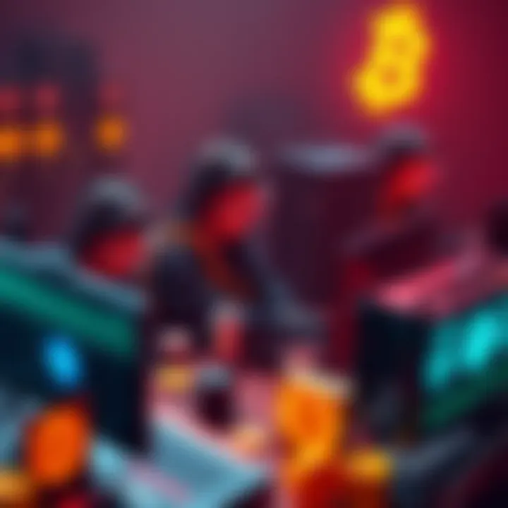 A group of early cryptocurrency miners working on computers, showcasing mining rigs and digital currency symbols around them.