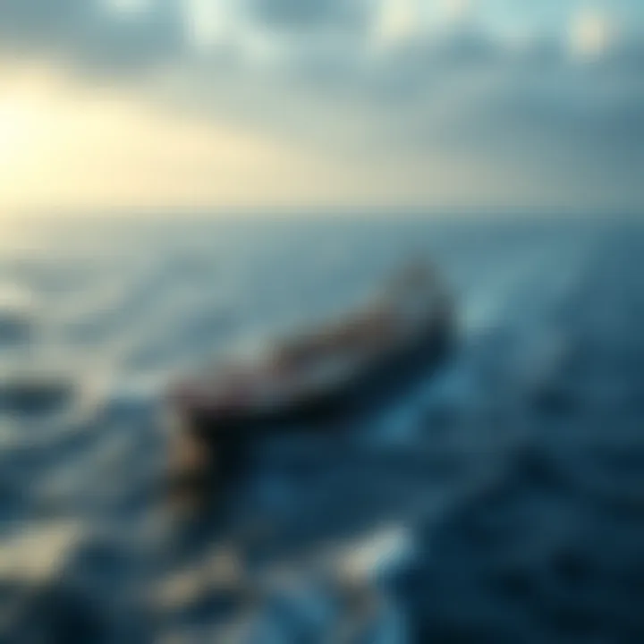 Oil tanker sailing in the Strait of Hormuz An oil tanker at sea surrounded by waves, with the Strait of Hormuz in the background and distant land visible