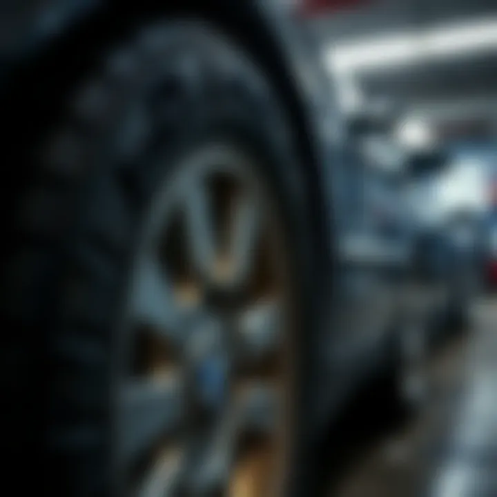 Old BMW Tires A close-up view of worn tires on a 2002 BMW parked in a garage, showing significant tread wear and age signs.