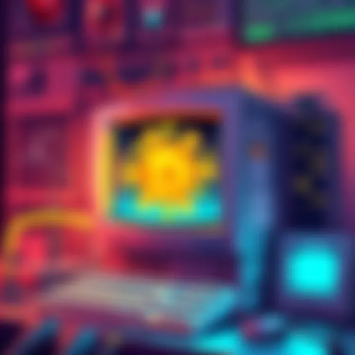An illustration showing an old computer mining cryptocurrency with a DOGE theme