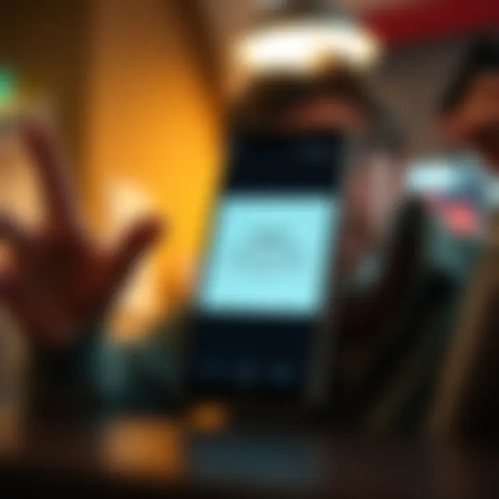 An old Android phone showing a stuck update screen for the Revolut app with a frustrated user in the background