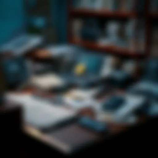 A cluttered desk with old files related to Bitcoin, including a laptop and paper documents scattered around, hinting at their potential value and next steps.