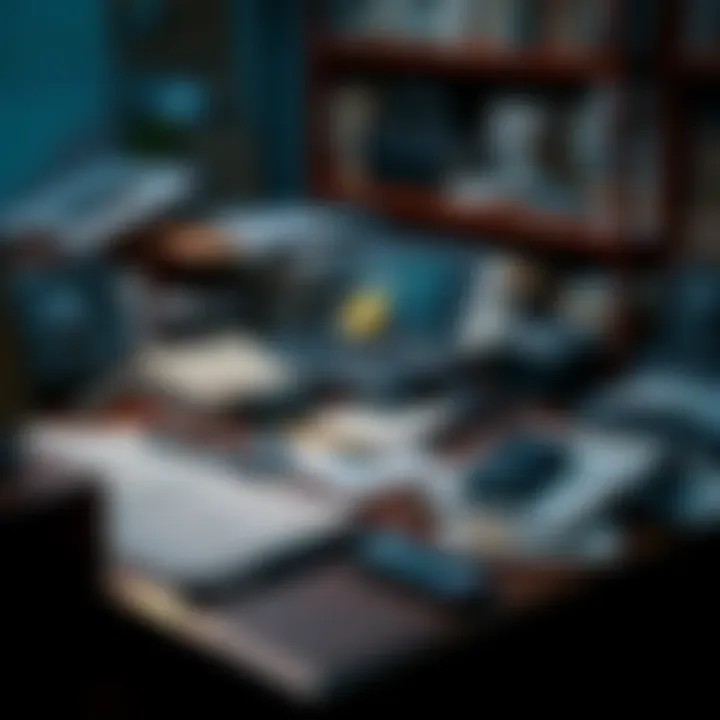 A cluttered desk with old files related to Bitcoin, including a laptop and paper documents scattered around, hinting at their potential value and next steps.