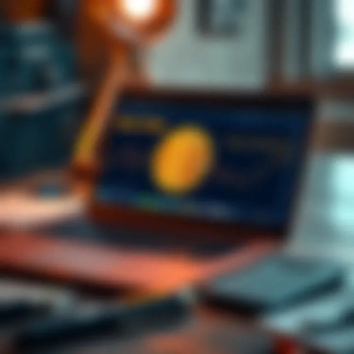 A close-up of an old laptop with a Bitcoin wallet displayed on the screen, showing cryptocurrency data, surrounded by notes and a calculator for financial planning.