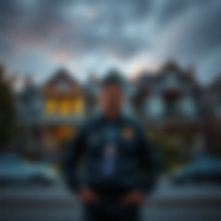 The author stands in front of three former homes in DC, holding badges, with DC traffic in the background.