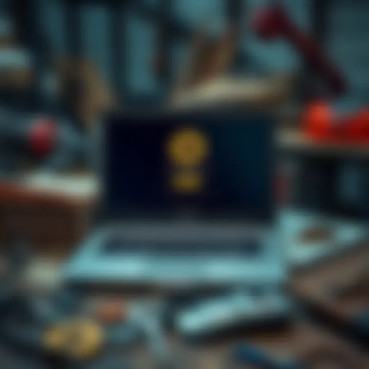 An old laptop sits on a cluttered table, showing a Bitcoin wallet screen with the message of wallet access issues. A few coins and a garage background suggest a cleanup effort.