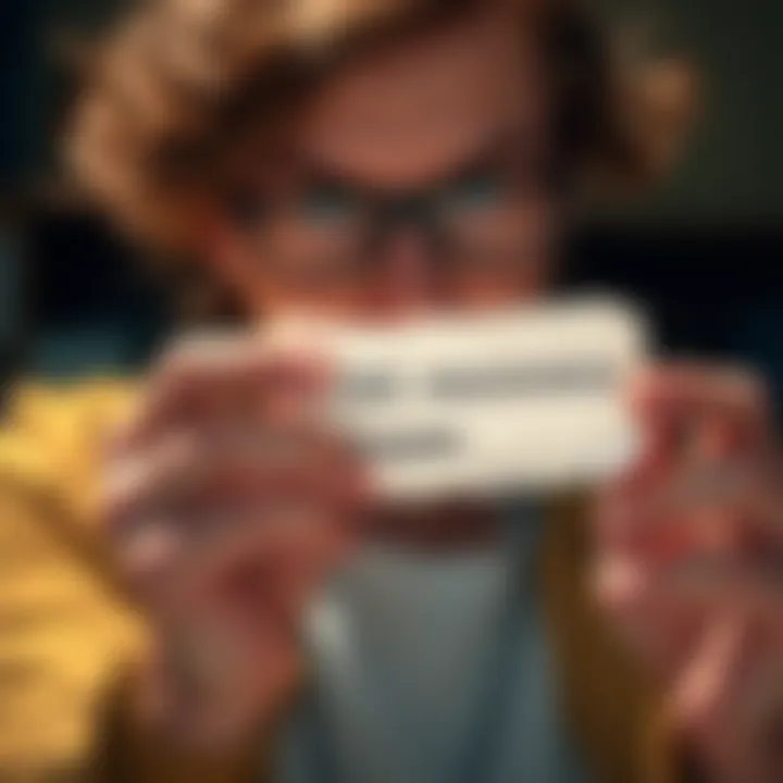 A person holding a piece of paper with a recovery phrase on it, looking curious and thoughtful.