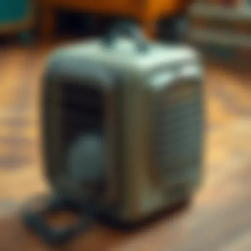 A vintage space heater model from the 1980s with a worn metal casing and a power cord, sitting on a wooden floor.