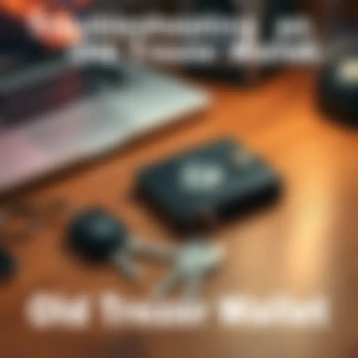 An old Trezor wallet placed on a wooden desk, surrounded by recovery keys and a laptop.