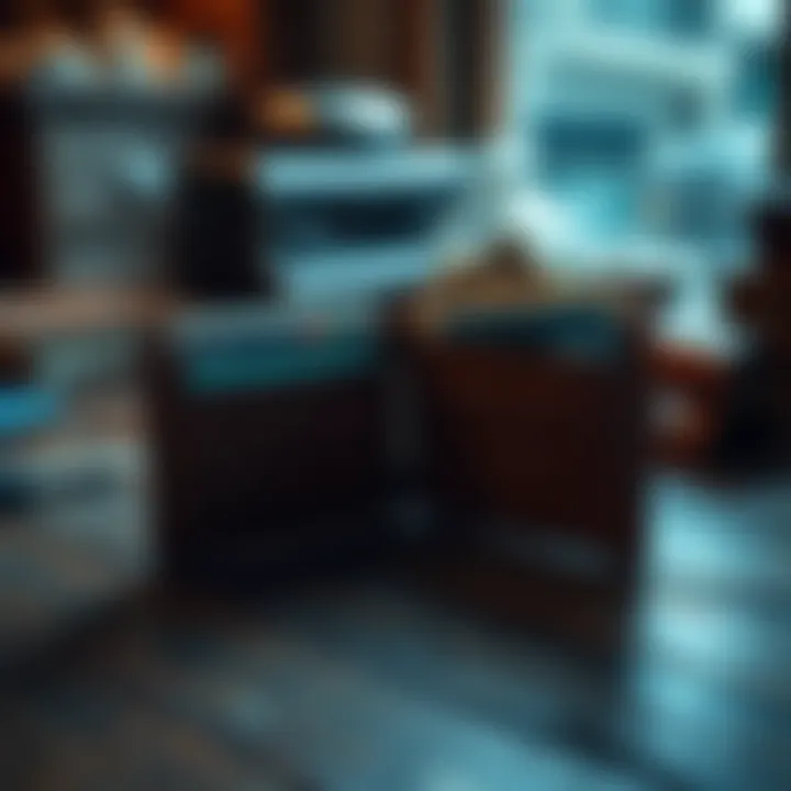 A worn leather wallet open with old cards and cash inside, sitting on a wooden table.