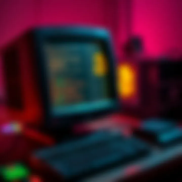 An old desktop computer with mining software open, showing mining activity and Bitcoin symbols on the screen.