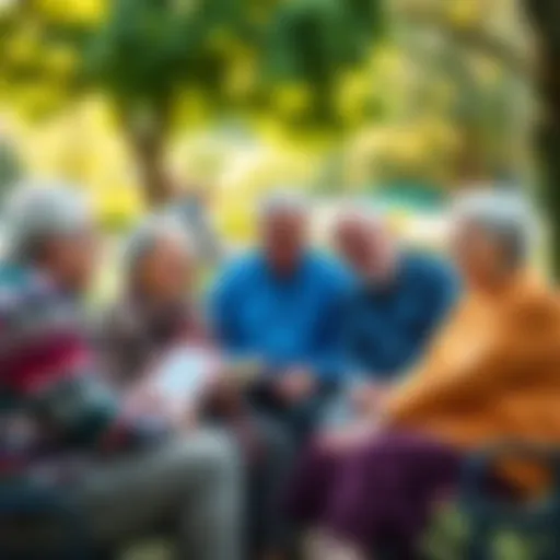 A diverse group of older adults sitting together in a park, sharing stories and laughing, representing the social aspect of aging.