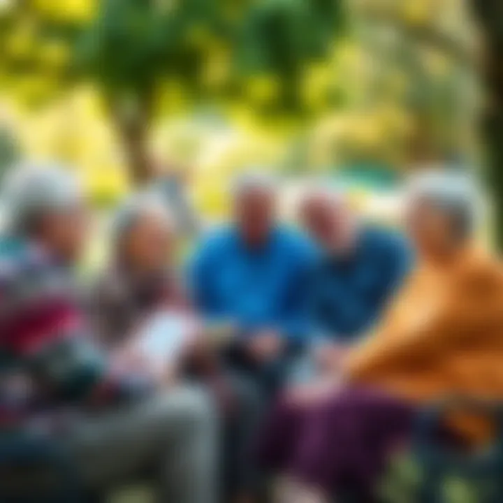 Group of diverse older adults in a park A diverse group of older adults sitting together in a park, sharing stories and laughing, representing the social aspect of aging.