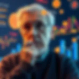 A thoughtful 63-year-old man contemplating Bitcoin's scarcity and halving concepts, with charts and Bitcoin symbols in the background.